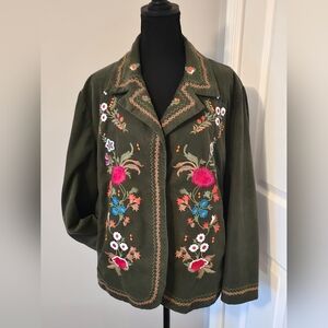 J.C. Banks by Christopher Banks Women  1X Cotton Olive Blazer Flower Embroidery